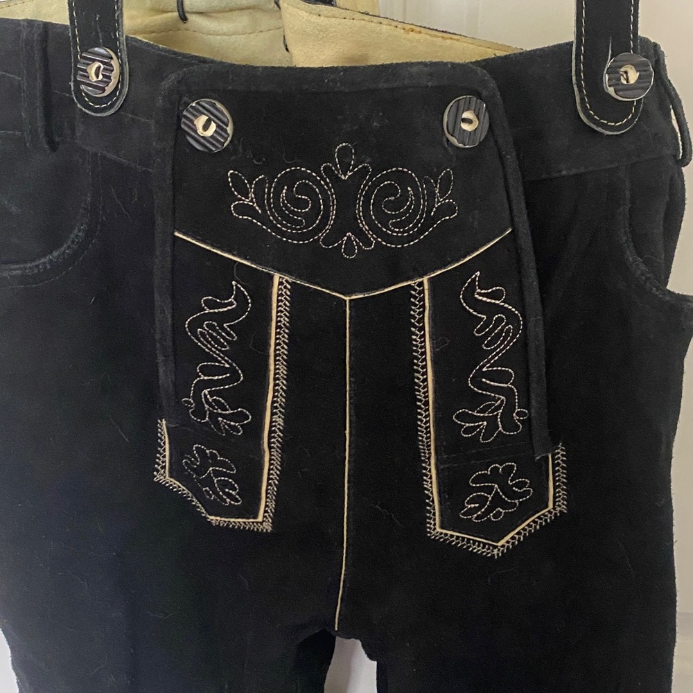 Black Embroidered Lederhosen Style Suspender Pants - Picture 2 of 6